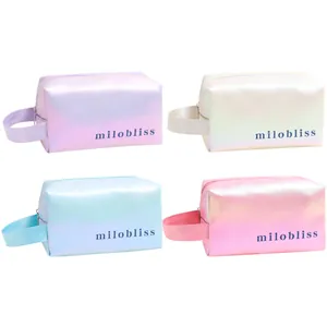 Set of portable holographic makeup bags in four vibrant gradient colors with handles.