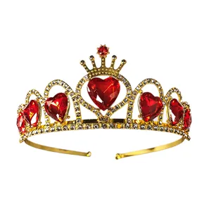 Golden princess tiara headband with red heart-shaped crystals for children's birthday party