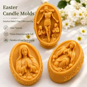 Detailed Easter 3D religious silicone candle mold featuring Jesus and Mary relief carvings