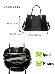 Große schwarze Modetasche mit Maßen und Darstellung des Stauraums im Innenbereich