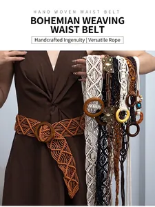 Handcrafted bohemian woven waist belts in multiple colors displayed by professional model
