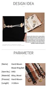 Detailed parameter view of bohemian handmade woven belt with wooden ring accents.