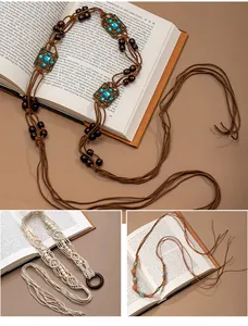 Detailed view of handmade Bohemian woven rope belts with beads and turquoise elements