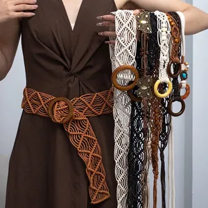 Bohemian Handmade Woven Belt Women Ethnic Waist Rope With Wood Beads Alloy Butterfly Shells Tassels Adjustable Accessory