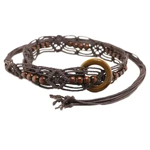 Vintage Bohemian handmade woven waist rope belt with wooden beads for summer dresses