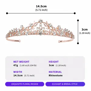Detail view showing dimensions, weight, and material of elegant floral bridal tiara crown