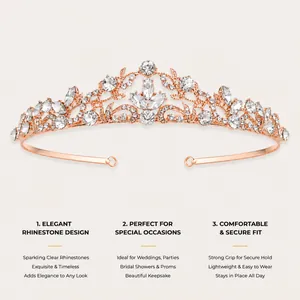 Rose gold bridal tiara featuring sparkling rhinestones and elegant marketing highlights.