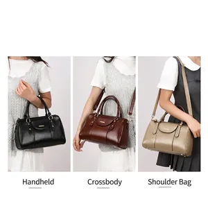 Three styles of women's vintage oil leather Boston pillow bag showing carrying options.