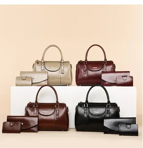 Vintage 3-piece oil wax leather Boston handbag set in beige, red, brown, and black