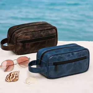 Toilettentasche Herren Vintage PU-Leder Wasserdicht Große Kapazität Reise Business Tragbare Waschtasche Organizer
