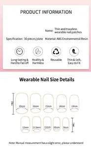 Detailed size chart and material specs for short ballet ombre French press-on nail tips