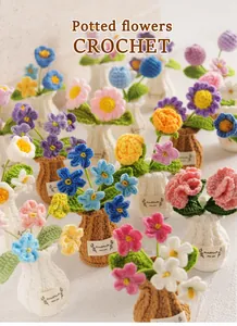 Variety of handmade crochet potted flowers including tulips and roses for desktop decor