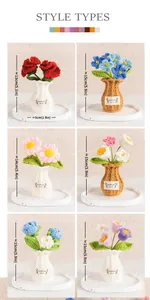 Collage of handmade crochet potted flowers showing styles and height dimensions