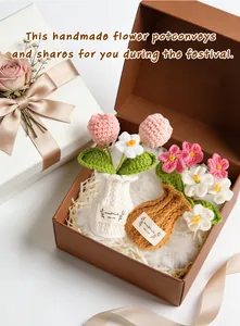 Detailed view of handmade crochet flower pots presented in a luxury gift box.