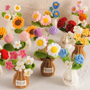Handmade Crochet Potted Flowers Yarn Knitted Artificial Tulip Rose Sunflower Desktop Decor Ornaments For Home Office Gift