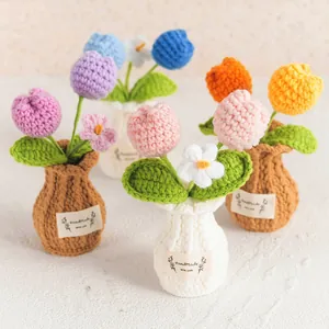 Handmade crochet tulip potted plants with colorful flowers and mini woven vases ornaments