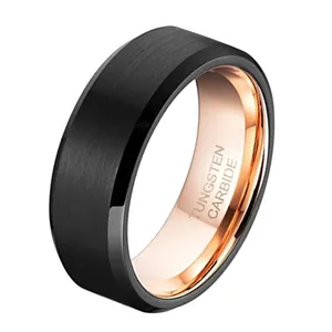 Anillo de carburo de tungsteno para hombre en negro y oro rosa con acabado cepillado