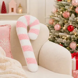 Cojín de peluche con forma de bastón de caramelo rosa y blanco para decoración de Navidad