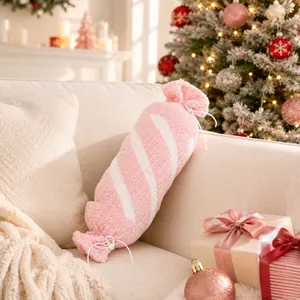 Cojín de peluche con forma de caramelo rosa y blanco con textura sherpa, decoración navideña