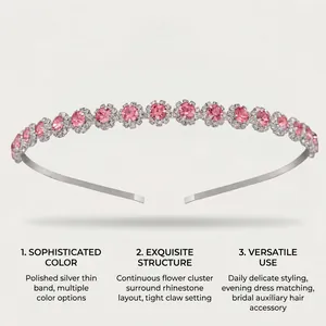 Elegant silver headband featuring a continuous pink rhinestone flower cluster design layout.