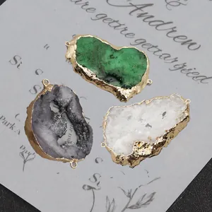 Unregelmäßige Naturstein Kristall Druzy Anhänger Doppel Loch Gold Rand Verbinder Für DIY Schmuckherstellung Halsketten Armbänder Zubehör