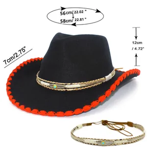 Vue détaillée du chapeau de cowboy noir avec bordure orange, ruban décoratif et mesures.