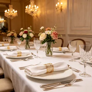 Eleganti portatovaglioli in filo d'oro su tavola formale per decorazioni nuziali