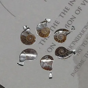 Natural Ammonite Fossil Snail Shaped Pendant Silver Metal Edging Retro Shell Charm Pendant Only (Without Chain)