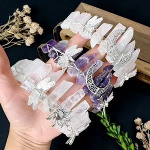 Handmade natural crystal crown headband featuring dragonfly moon and sun charms for women