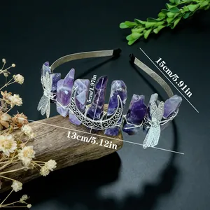 Handmade amethyst crystal tiara featuring dragonfly and moon motifs with dimensions.
