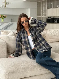 Vintage loose-fit plaid shirt for women with elegant lace-trimmed cuffs detail