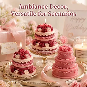 Exquisite multi-layered rose cake scented candles in a romantic pink birthday gift setting