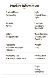Product specification card for elegant acrylic evening bag with dimensions and details