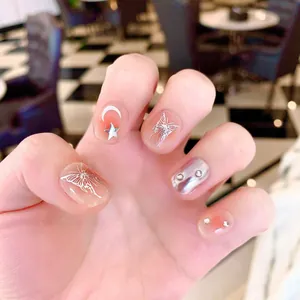Handmade Press On Nails Liquid Butterfly Rhinestone Glitter Short Round Square Pink Gradient Blush Fake Nails For Women