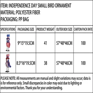 Detailed size and weight specifications table for Independence Day bird ornaments