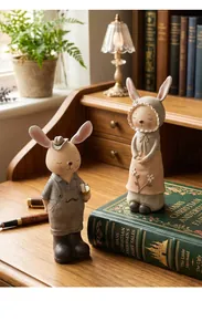 Primer plano de lindas figuras de pareja de conejos en un estudio vintage.