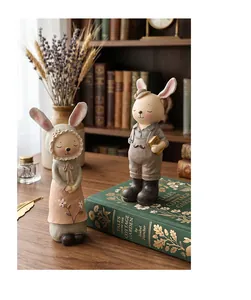 Lindas figuras de pareja de conejos estilo Zakka para decoración de escritorio