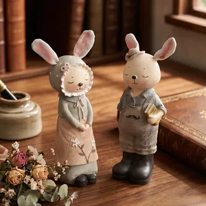 Figuras de pareja de conejos de estilo Zakka para decoración de escritorio y estantería