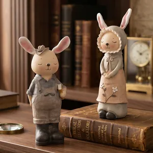 Pareja decorativa de figuras de conejos de dibujos animados vintage para escritorio rústico
