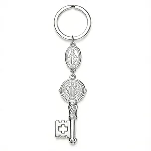 Porte-clés religieux en acier inoxydable avec médaille de St Benoît et clé croix