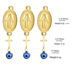 Mesures détaillées des pendentifs Vierge Marie, croix et œil grec en acier pour DIY.