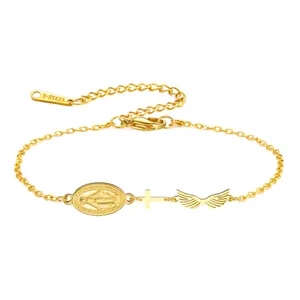 Bracelet en acier inoxydable doré avec médaille miraculeuse, croix et ailes d'ange.
