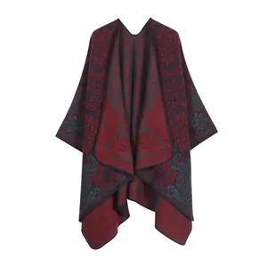 Etnische stijl rood en grijs gedessineerde poncho sjaal van imitatie kasjmier