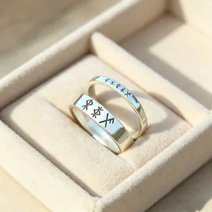 Detailed view of minimalist stainless steel rings featuring engraved Nordic runes in a box