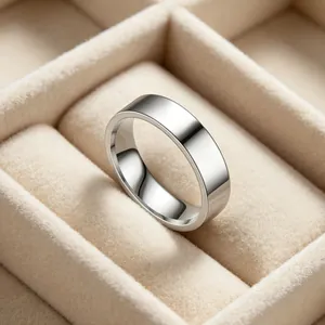 Macro view of a minimalist silver-colored stainless steel band ring in a jewelry box