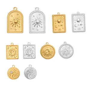 Collection of vintage stainless steel sun and moon charms for DIY jewelry making.