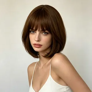 Modische mittellange braune Bob-Perücke mit Pony, Vorderansicht auf einem Frauenmodell.