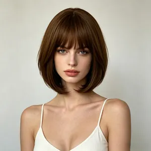 Detailansicht der kurzen braunen Bob-Perücke für Damen mit Pony für einen modischen Look