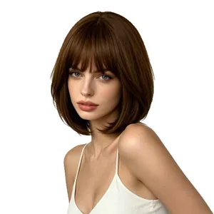 Stylische kurze braune Bob Perücke mit geradem Pony für Damen, Kunsthaar Look