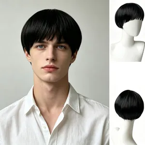 Heren Kort Recht Pruik Bloempotkapsel Hoge Temperatuur Synthetische Vezel Ademend Verstelbaar Net Natuurlijke Look Rechte Pony